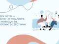 Ilustracja pokazuje, jak wygląda wizyta u psychiatry: dwie osoby siedzą na kanapie, rozmawiając. Na ekranie widnieje napis "Pierwsza wizyta u psychiatry".