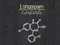 Struktura chemiczna lorazepamu. Czy lorafen jest bezpieczny? Pytanie o bezpieczeństwo leku wymaga konsultacji z lekarzem.
