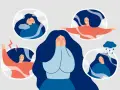 Ilustracja pokazuje różne stany emocjonalne: smutek, złość, radość, stres. To pokazuje, co to są zaburzenia emocjonalne.