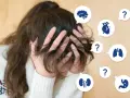 Zmartwiona osoba z rękami na głowie, otoczona ikonami organów i znakami zapytania. Czy to hipochondryk, który ciągle martwi się o swoje zdrowie?