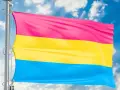 Flaga panseksualna powiewa na tle błękitnego nieba z chmurami. Symbolizuje miłość do wszystkich płci, bo co to pansexual.