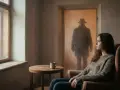Młoda kobieta siedzi w fotelu, patrząc w okno. W tle, w drzwiach, stoi postać w kapeluszu, przypominająca ojca. Czy to właśnie są "co to daddy issues"?