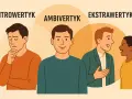 Ambiwertyk to osoba, która czerpie energię zarówno z samotności, jak i z interakcji. Na ilustracji widać go między introwertykiem a ekstrawertykiem.