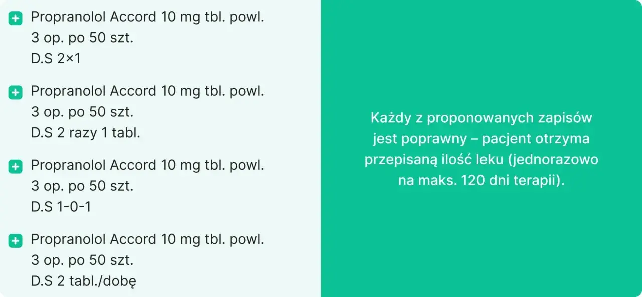 Propranolol Accord 10 mg: 3 op. po 50 szt. Każdy zapis pozwala na wydanie leku jednorazowo na maks. 120 dni terapii.