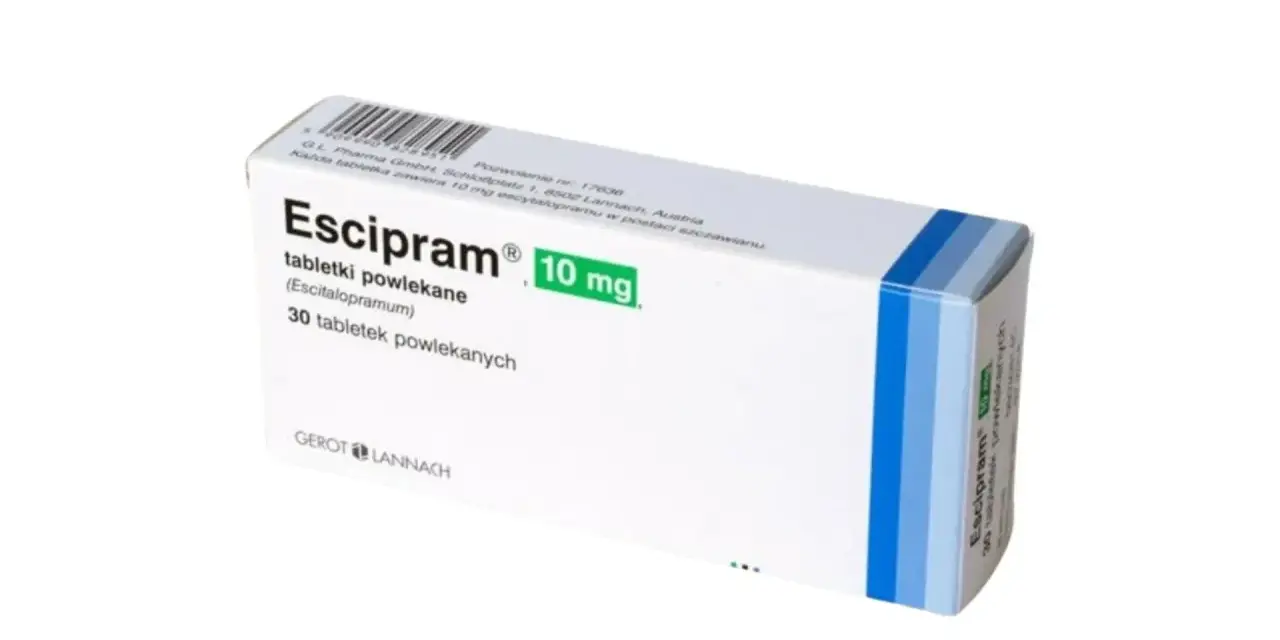 Opakowanie leku Escipram 10 mg, zawierające 30 tabletek powlekanych. To leki na poprawę nastroju od psychiatry.