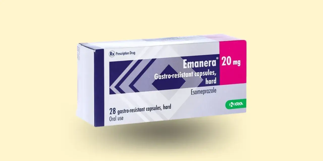 Opakowanie leku Emanera 20 mg, zawierające 28 kapsułek gastrooporność, stosowane doustnie.