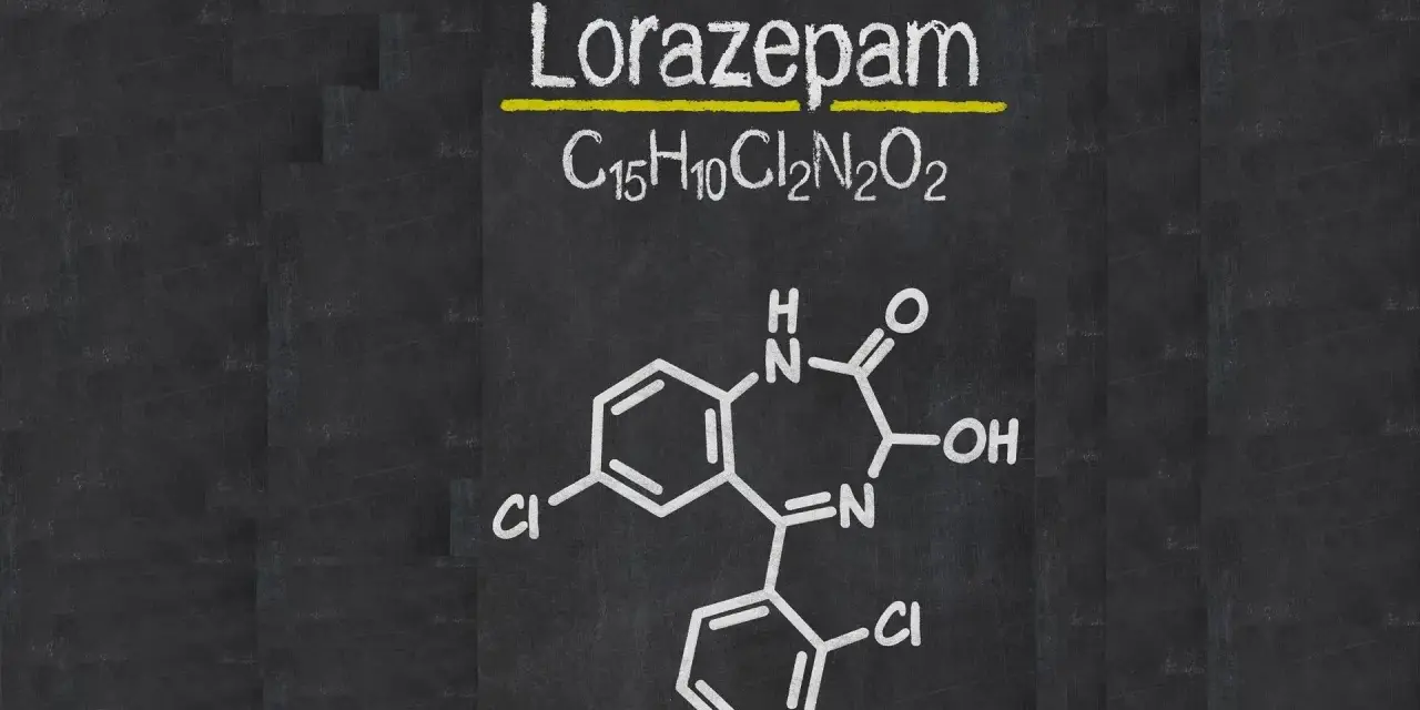 Struktura chemiczna lorazepamu. Czy lorafen jest bezpieczny? Pytanie o bezpieczeństwo leku wymaga konsultacji z lekarzem.