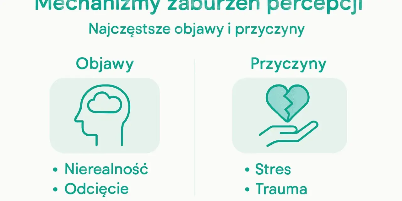 Mechanizmy zaburzeń percepcji: objawy (chmura w głowie, nierealność, odcięcie) i przyczyny (złote serce na dłoni, stres, trauma) wskazujące na oderwanie od rzeczywistości.