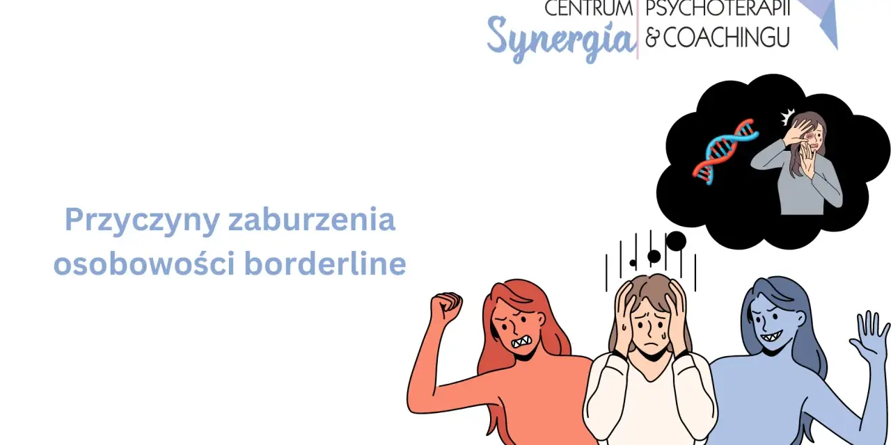 Ilustracja przedstawia emocjonalne zmagania związane z zaburzeniem osobowości borderline. Widać trzy postacie, symbolizujące różne stany emocjonalne, oraz myśl o genetycznych przyczynach.