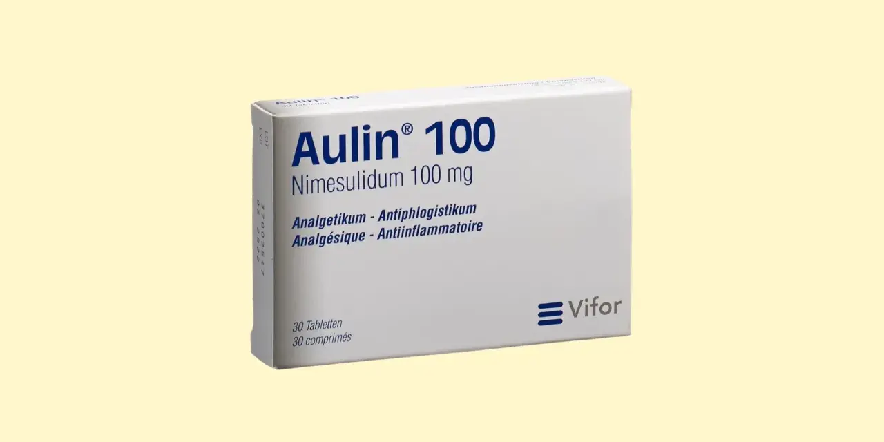 Opakowanie Aulin 100 mg z nimesulidem. Informacje o tym, jak długo działa Aulin, znajdują się w ulotce.