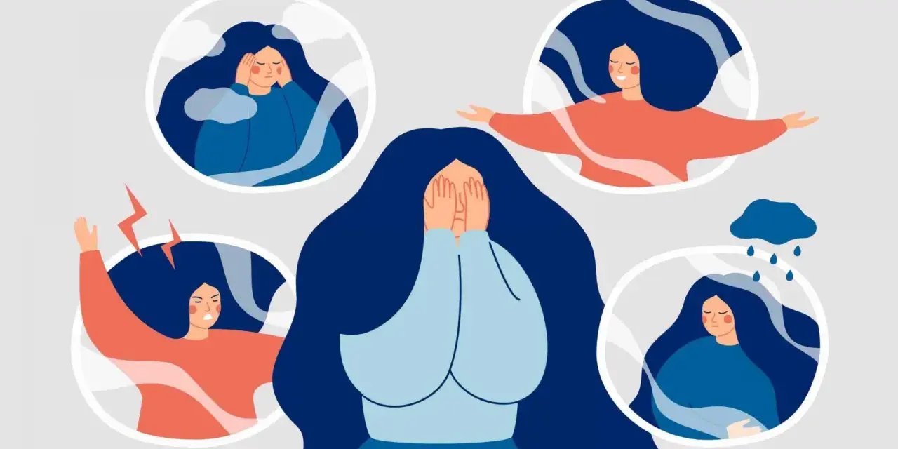 Ilustracja pokazuje różne stany emocjonalne: smutek, złość, radość, stres. To pokazuje, co to są zaburzenia emocjonalne.