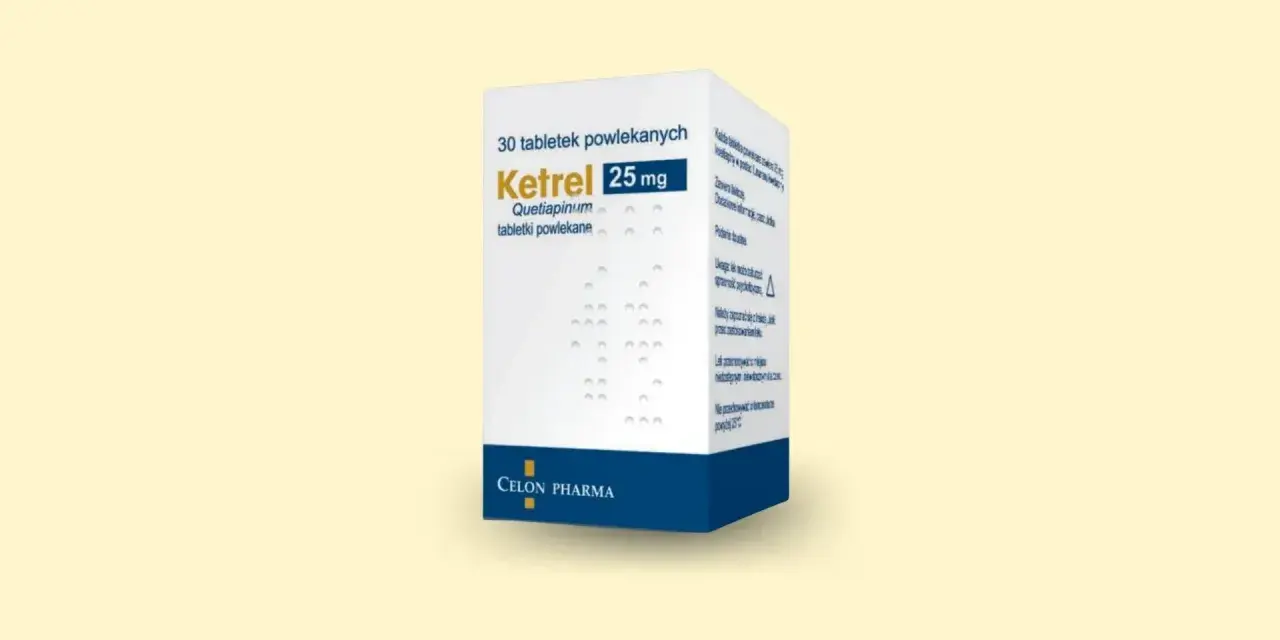 Opakowanie Ketrelu 25 mg. Pytanie "jak długo można brać ketrel" wymaga konsultacji z lekarzem.