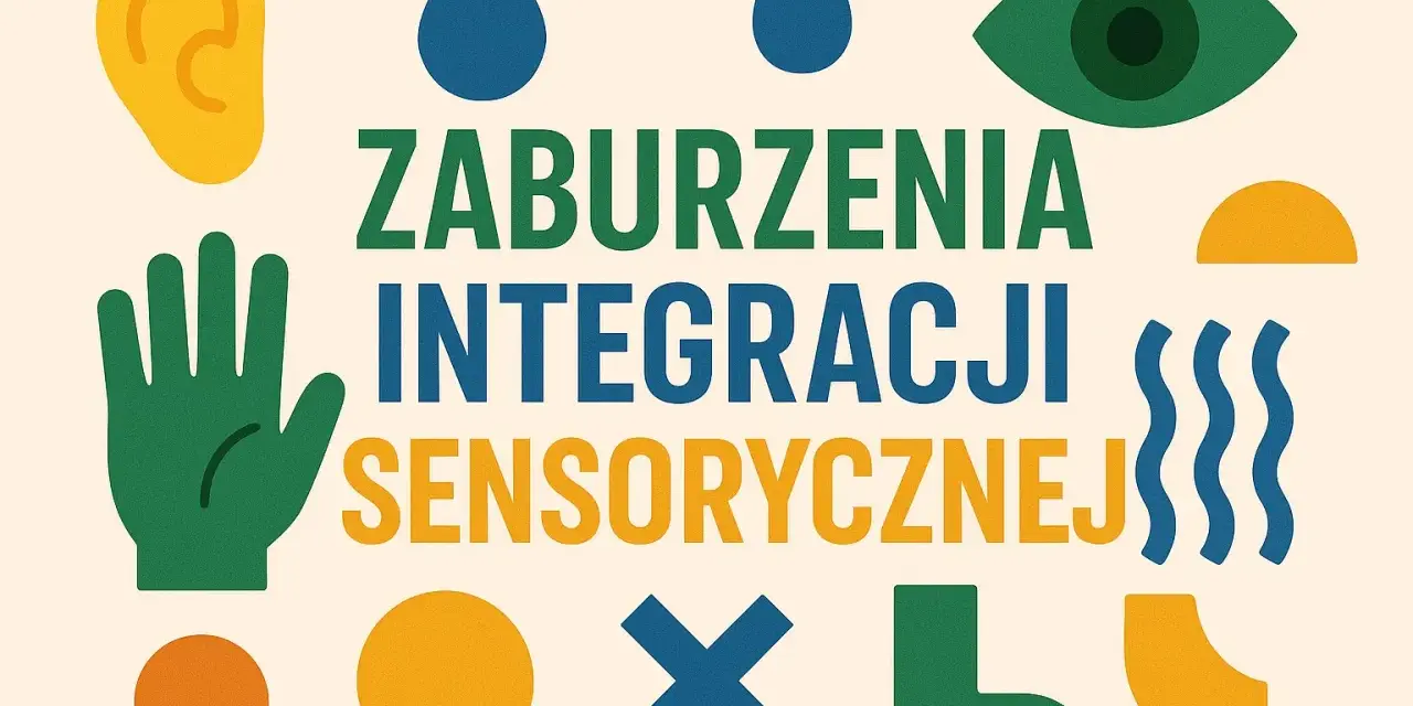 Grafika z tekstem "Zaburzenia Integracji Sensorycznej" i symbolami zmysłów: ucho, oko, dłoń, krople, fale.