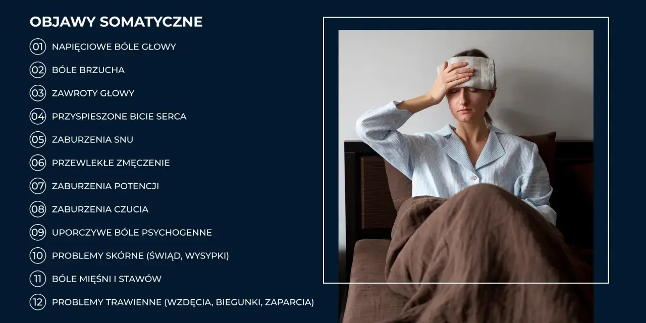 Kobieta z okładem na czole, cierpiąca na bóle somatyczne, takie jak bóle głowy, brzucha, czy problemy ze snem.