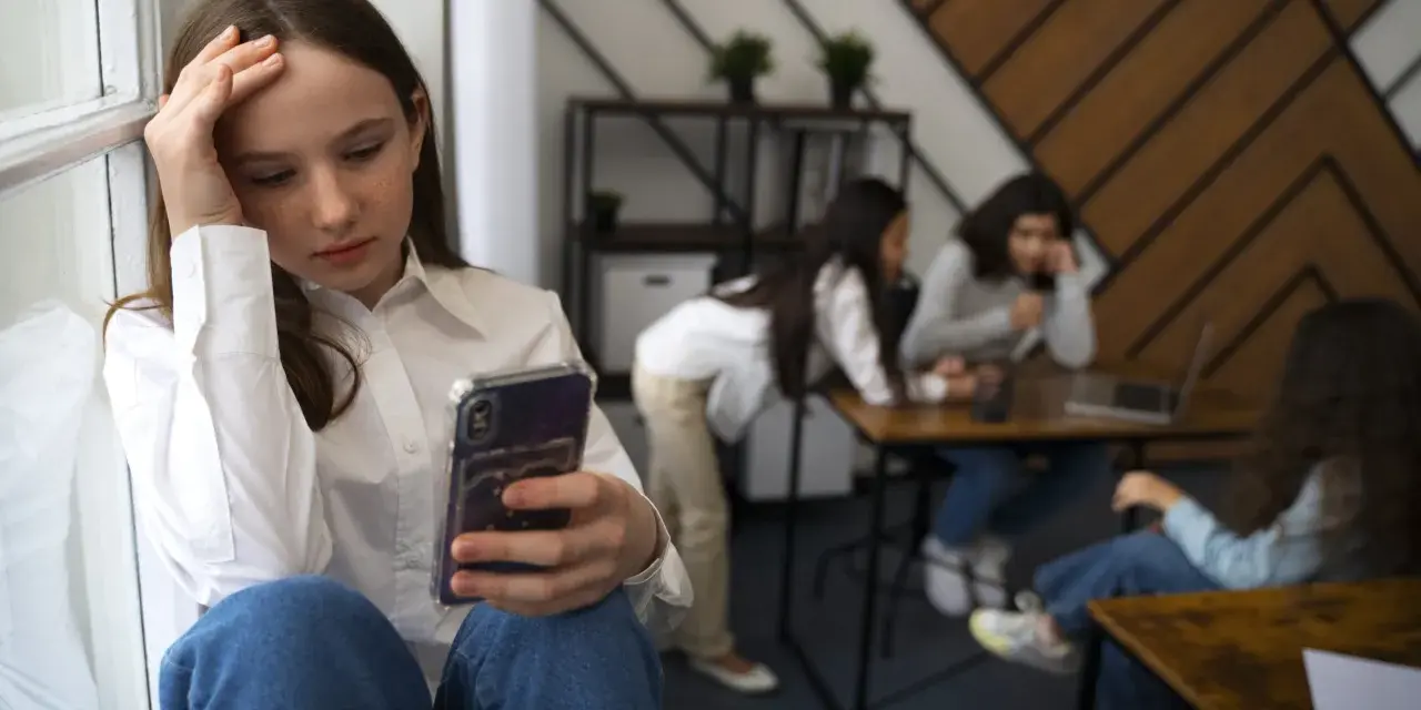 Dziewczyna z telefonem w dłoni, z ręką na czole, czuje się wyobcowana. W tle inne osoby, które nie zwracają na nią uwagi, odzwierciedlając jej neleczona fobia społeczna.