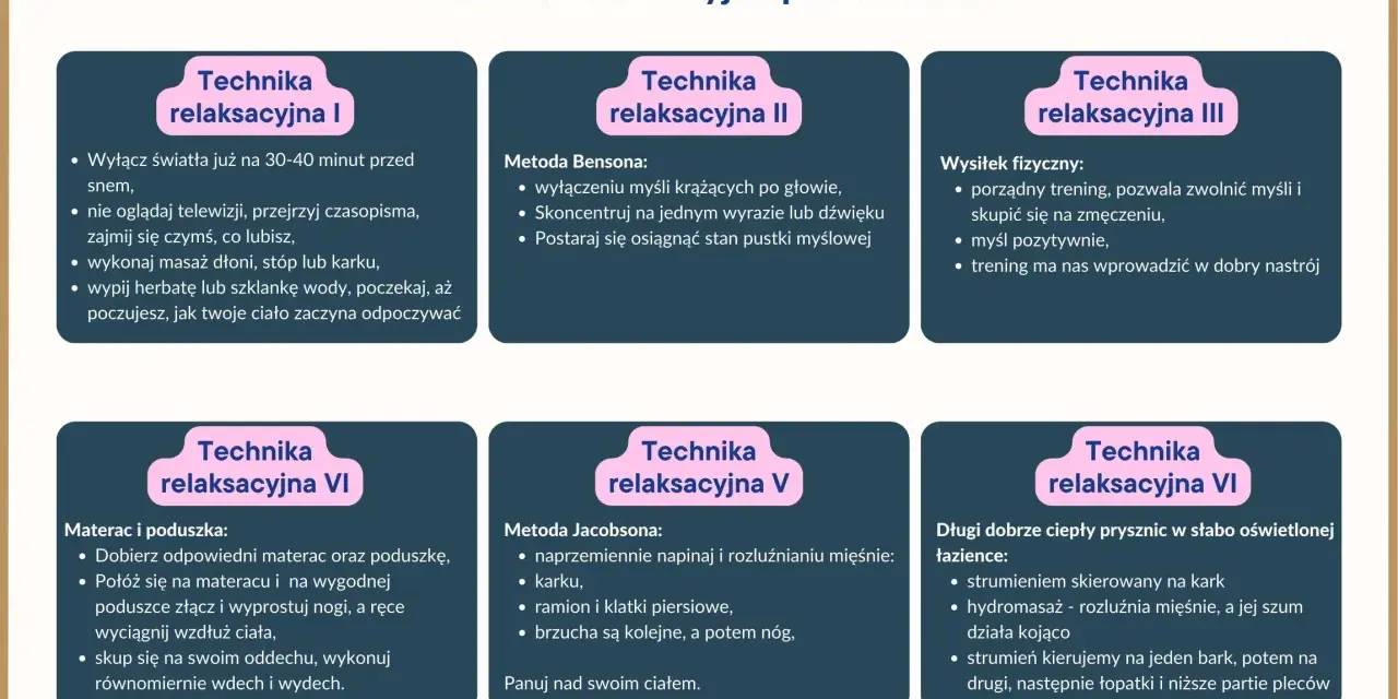 Techniki relaksacyjne przed snem: wyłącz światła, skup się na oddechu, stosuj metodę Jacobsona, by jak się zrelaksować psychicznie.
