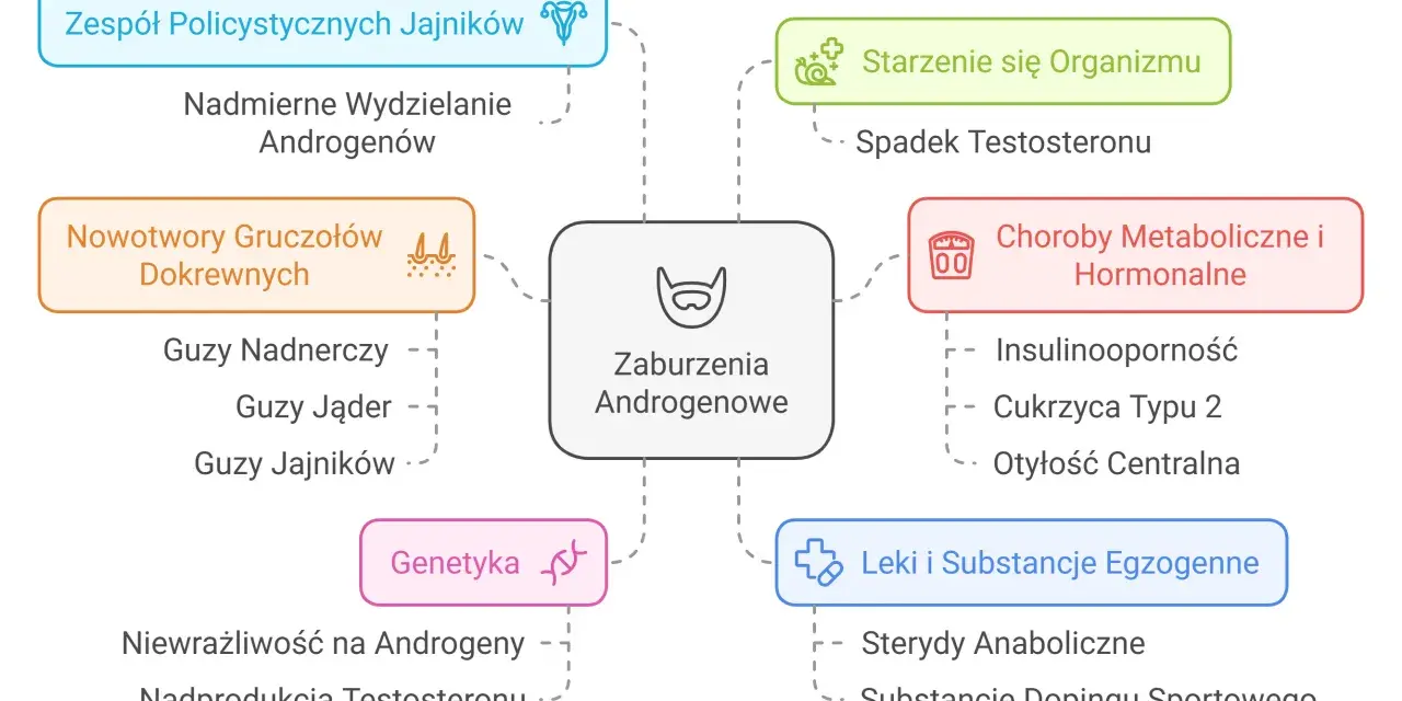 Schemat przedstawia przyczyny zaburzeń androgenowych, w tym choroby metaboliczne i hormonalne, nowotwory, genetykę, leki i starzenie się organizmu.