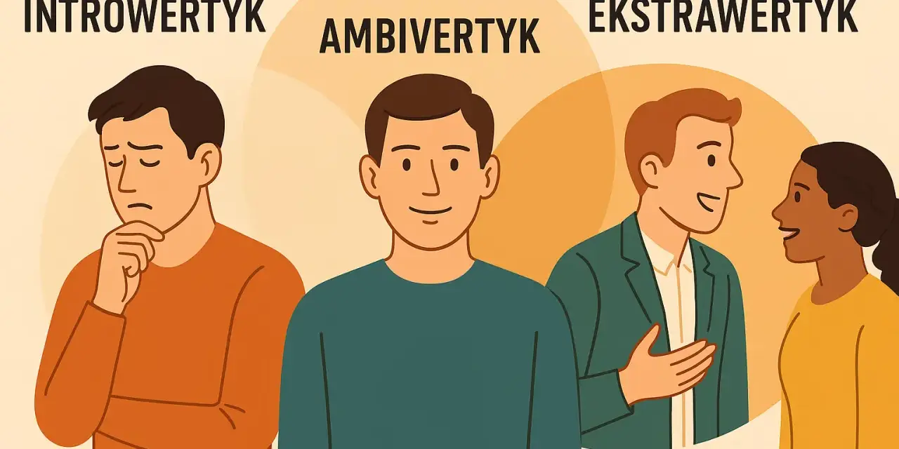 Ambiwertyk to osoba, która czerpie energię zarówno z samotności, jak i z interakcji. Na ilustracji widać go między introwertykiem a ekstrawertykiem.