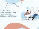Ilustracja pokazuje, jak wygląda wizyta u psychiatry: dwie osoby siedzą na kanapie, rozmawiając. Na ekranie widnieje napis "Pierwsza wizyta u psychiatry".