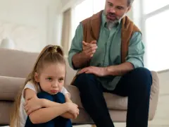 Smutna dziewczynka skulona na podłodze, podczas gdy ojciec mówi do niej z kanapy. To może być obraz pokazujący objawy daddy issues.