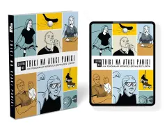 Książka i tablet z okładką "Triki na ataki paniki. Jak pokonałam nerwicę lękową bez leków". Grafiki przedstawiają aktywności: jazda na rowerze, jedzenie, golf, medal, dziecko, siłownia, rolki.