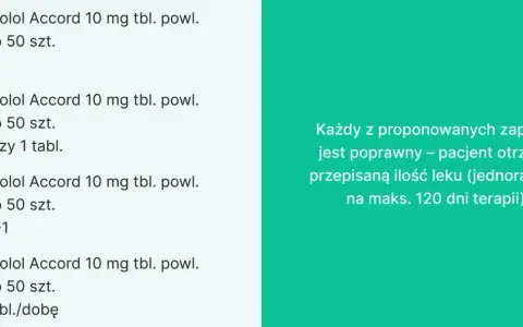 Propranolol Accord 10 mg: 3 op. po 50 szt. Każdy zapis pozwala na wydanie leku jednorazowo na maks. 120 dni terapii.