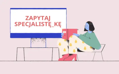 Kobieta z książką, jak opisać samopoczucie, siedzi przed ekranem z napisem "Zapytaj specjalistę".