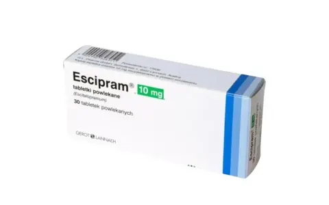 Opakowanie leku Escipram 10 mg, zawierające 30 tabletek powlekanych. To leki na poprawę nastroju od psychiatry.