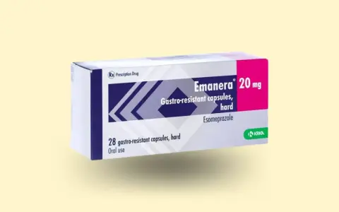 Opakowanie leku Emanera 20 mg, zawierające 28 kapsułek gastrooporność, stosowane doustnie.