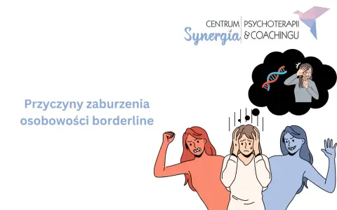 Ilustracja przedstawia emocjonalne zmagania związane z zaburzeniem osobowości borderline. Widać trzy postacie, symbolizujące różne stany emocjonalne, oraz myśl o genetycznych przyczynach.