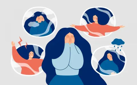 Ilustracja pokazuje różne stany emocjonalne: smutek, złość, radość, stres. To pokazuje, co to są zaburzenia emocjonalne.