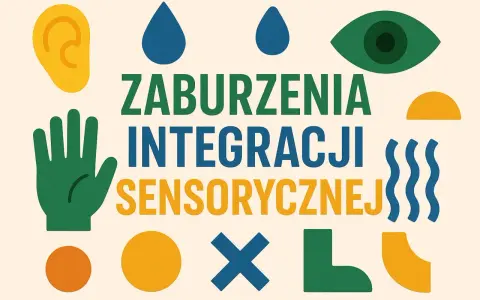 Grafika z tekstem "Zaburzenia Integracji Sensorycznej" i symbolami zmysłów: ucho, oko, dłoń, krople, fale.