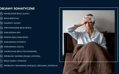 Kobieta z okładem na czole, cierpiąca na bóle somatyczne, takie jak bóle głowy, brzucha, czy problemy ze snem.