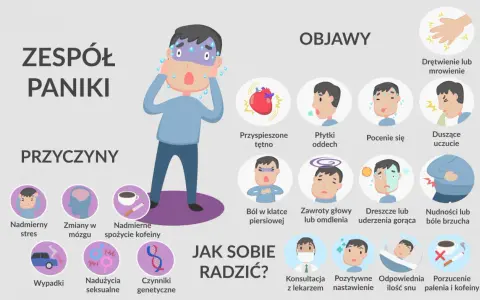 Ilustracja pokazuje objawy i przyczyny zespołu paniki, a także sposoby, jak sobie radzić, by uspokoić atak paniki.