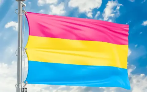 Flaga panseksualna powiewa na tle błękitnego nieba z chmurami. Symbolizuje miłość do wszystkich płci, bo co to pansexual.