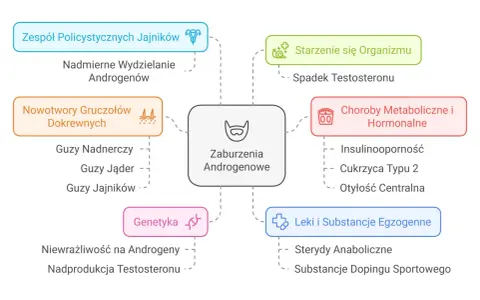 Schemat przedstawia przyczyny zaburzeń androgenowych, w tym choroby metaboliczne i hormonalne, nowotwory, genetykę, leki i starzenie się organizmu.