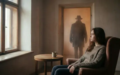 Młoda kobieta siedzi w fotelu, patrząc w okno. W tle, w drzwiach, stoi postać w kapeluszu, przypominająca ojca. Czy to właśnie są "co to daddy issues"?