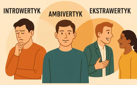 Ambiwertyk to osoba, która czerpie energię zarówno z samotności, jak i z interakcji. Na ilustracji widać go między introwertykiem a ekstrawertykiem.