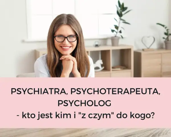Uśmiechnięta kobieta w okularach, która wie, co robi psychiatra. Tytuł: "Psychiatra, psychoterapeuta, psycholog - kto jest kim i 'z czym' do kogo?".
