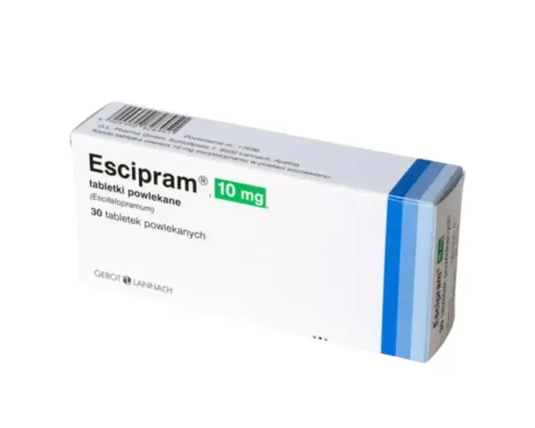 Opakowanie leku Escipram 10 mg, zawierające 30 tabletek powlekanych. To leki na poprawę nastroju od psychiatry.