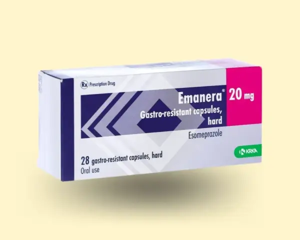 Opakowanie leku Emanera 20 mg, zawierające 28 kapsułek gastrooporność, stosowane doustnie.