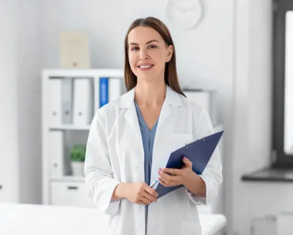 Lekarz rodzinny może wypisać leki od psychiatry, jeśli ma odpowiednie uprawnienia i pacjent posiada skierowanie. Uśmiechnięta lekarka z dokumentacją.
