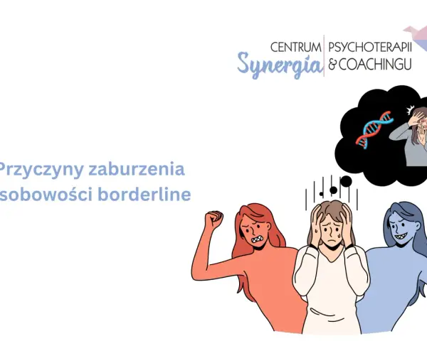 Ilustracja przedstawia emocjonalne zmagania związane z zaburzeniem osobowości borderline. Widać trzy postacie, symbolizujące różne stany emocjonalne, oraz myśl o genetycznych przyczynach.