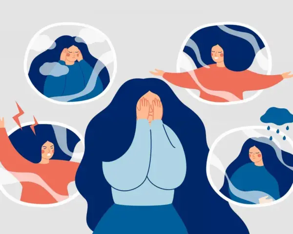 Ilustracja pokazuje różne stany emocjonalne: smutek, złość, radość, stres. To pokazuje, co to są zaburzenia emocjonalne.
