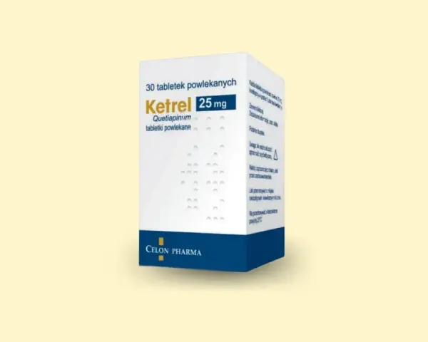 Opakowanie Ketrelu 25 mg. Pytanie "jak długo można brać ketrel" wymaga konsultacji z lekarzem.