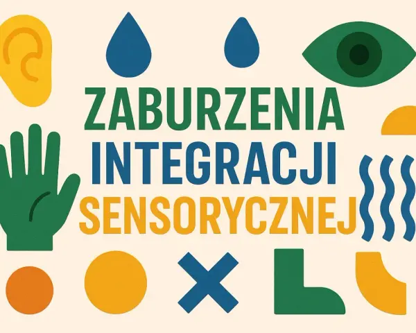 Grafika z tekstem "Zaburzenia Integracji Sensorycznej" i symbolami zmysłów: ucho, oko, dłoń, krople, fale.