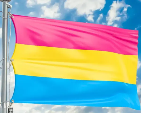 Flaga panseksualna powiewa na tle błękitnego nieba z chmurami. Symbolizuje miłość do wszystkich płci, bo co to pansexual.