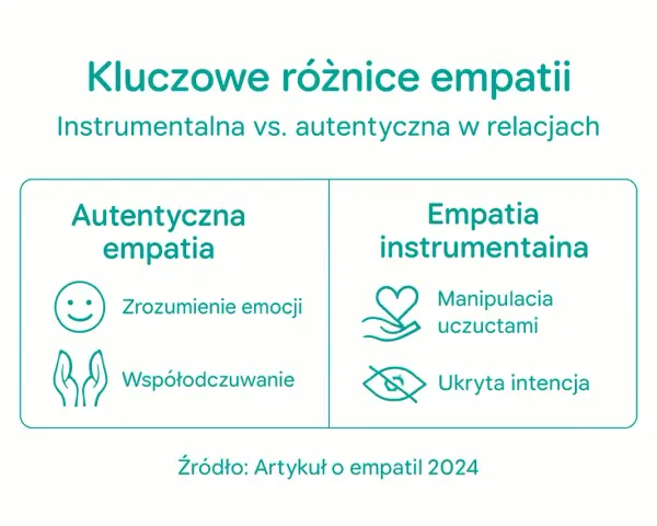 Kluczowe różnice empatii: autentyczna (zrozumienie emocji, współodczuwanie) vs. instrumentalna (manipulacja, ukryta intencja). Krótko o tym, co to jest empatia.