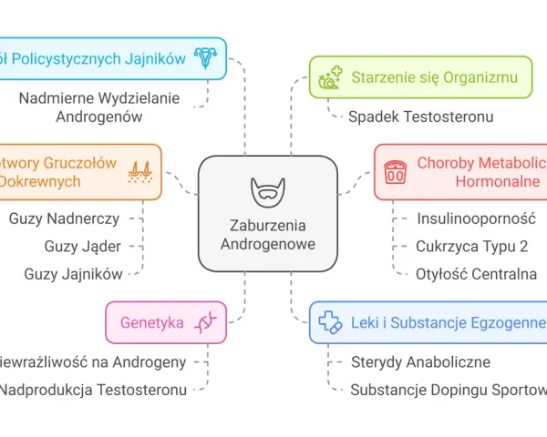 Schemat przedstawia przyczyny zaburzeń androgenowych, w tym choroby metaboliczne i hormonalne, nowotwory, genetykę, leki i starzenie się organizmu.