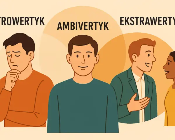 Ambiwertyk to osoba, która czerpie energię zarówno z samotności, jak i z interakcji. Na ilustracji widać go między introwertykiem a ekstrawertykiem.